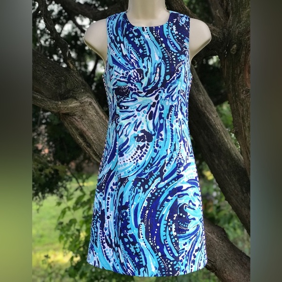 LILLY PULITZER Mila Blue Pink White Swirl Design Cotton Sheath Dress Size 00 - Picture 2 of 16